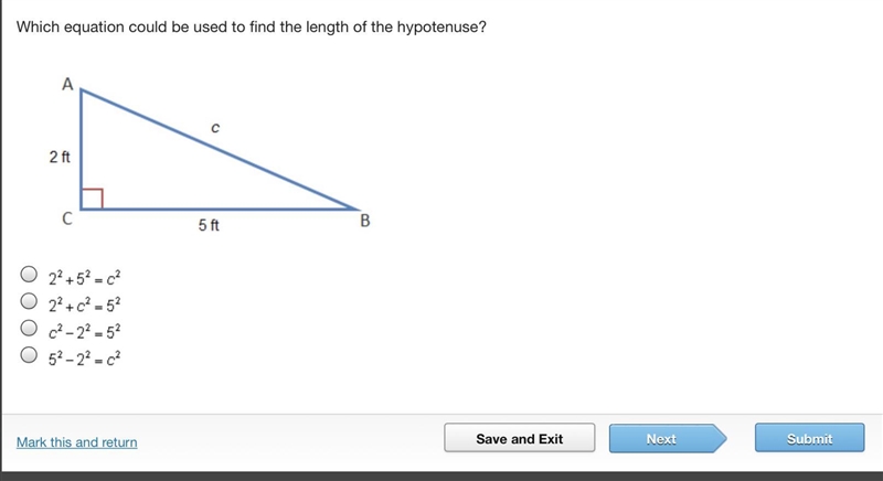 Which equation could be used to find the length of the hypotenuse? Triangle A B C-example-1