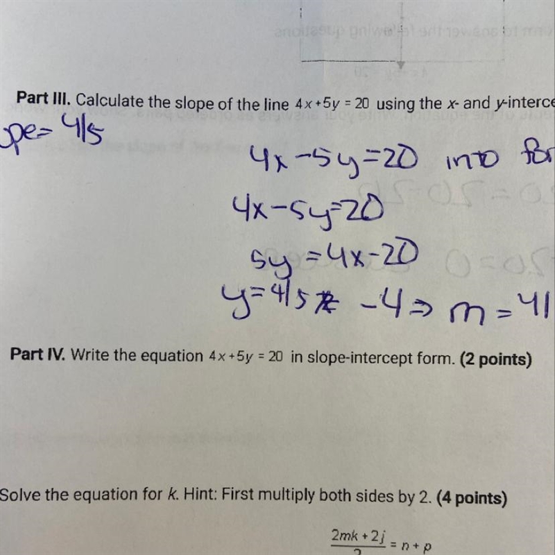 Write the equation of 4x+5t=20 in slope-intercept form-example-1