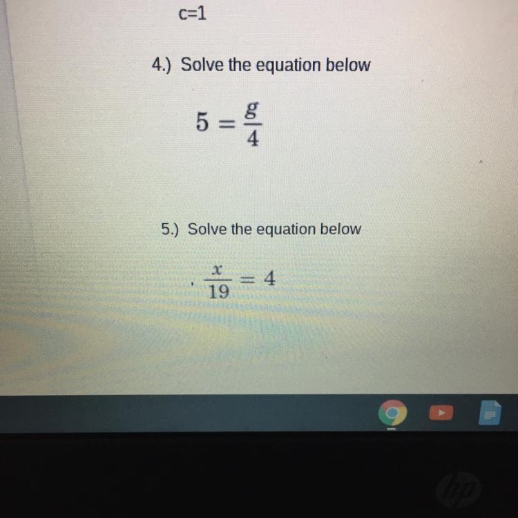 4 solve the equation below 5 =g/4-example-1