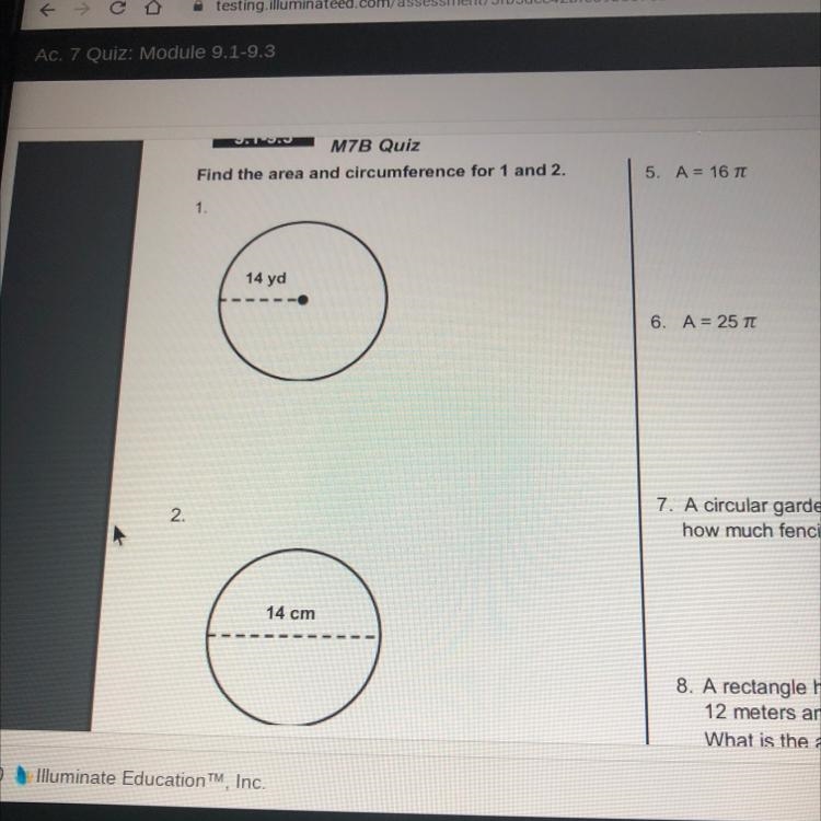 Find the area and circumference for 1 and 2. 5. A 1. 14 yd 6.-example-1