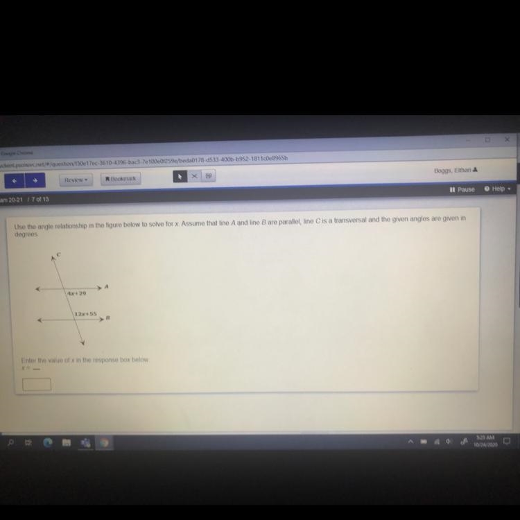 Use the angle relationship in the figure below to solve for x. Assume that line A-example-1