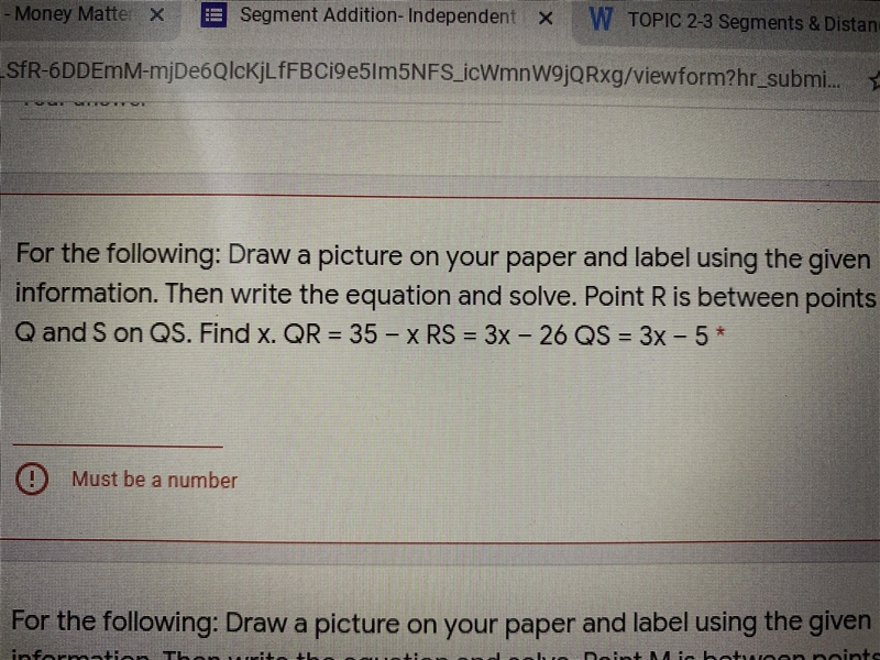 Point R is between points Q and S on QS. Find x. QR=35-x RS=3x-26 QS=3x-5. HELP.-example-1