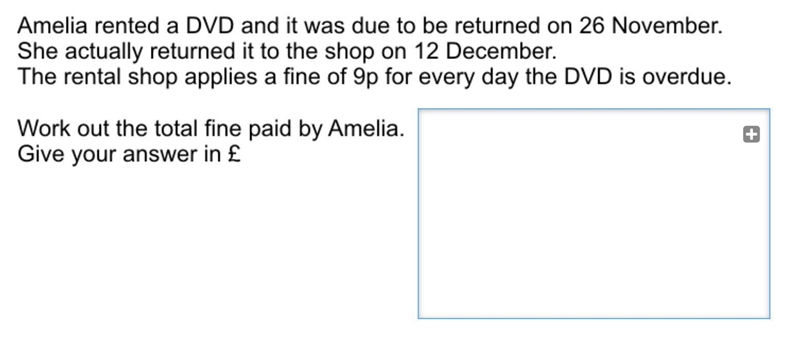 Amelia rented a DVD and it was due to be returned on 26 November. She actually returned-example-1