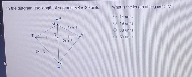 In the diagram, the length of segment VS is 39 units What is the length of segment-example-1