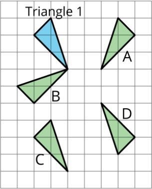 Which of the green triangles is a reflection of the blue triangle? a Triangle D b-example-1