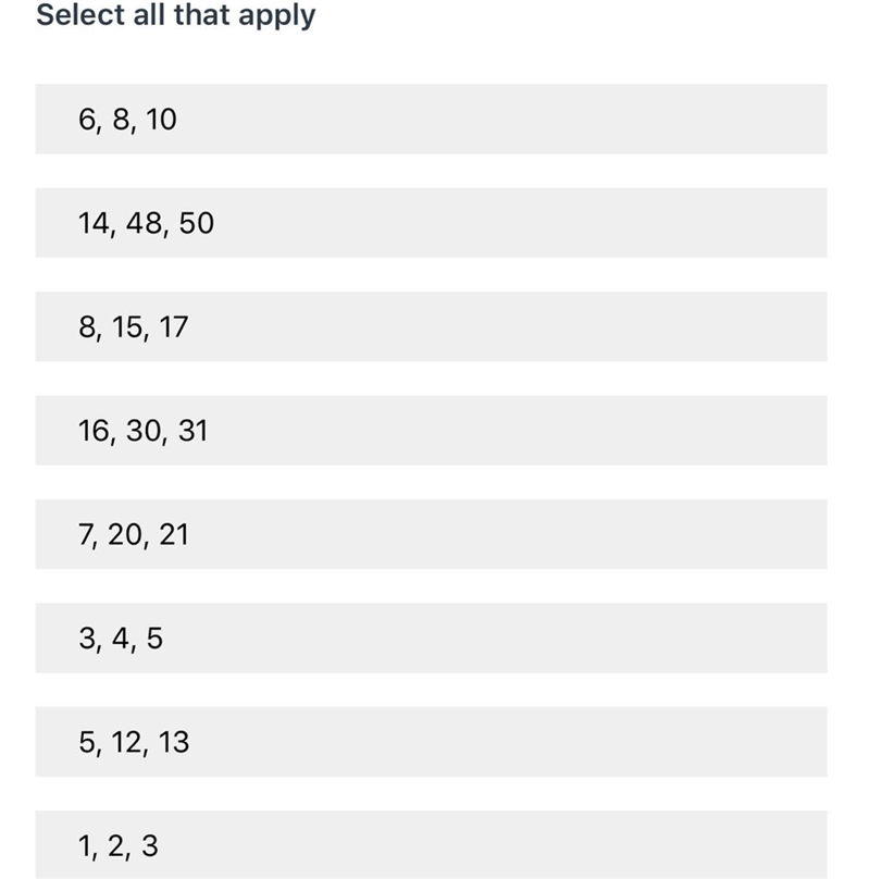 Which of the following are Pythagorean Triples?-example-1