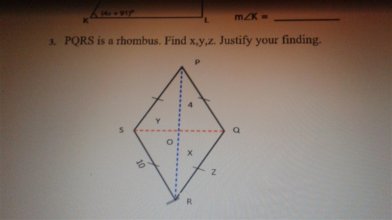 Pqrs is a rhombus. Find x, y and z. Justify your finding.-example-1