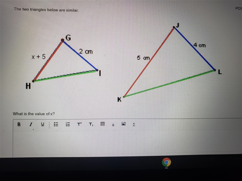 The twon triangles below are similar. What is the value of x?-example-1