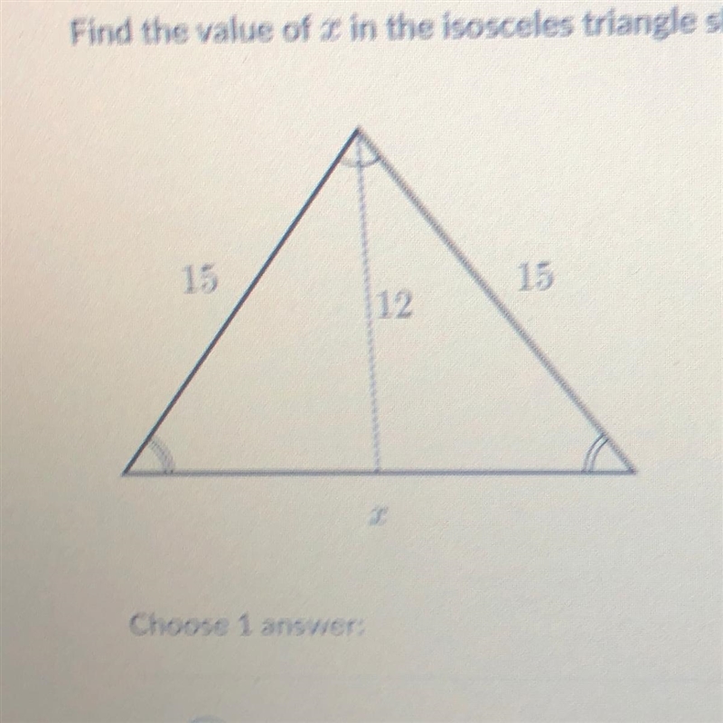 *30 points easy question* Find the value of x in the isosceles triangle shown below-example-1