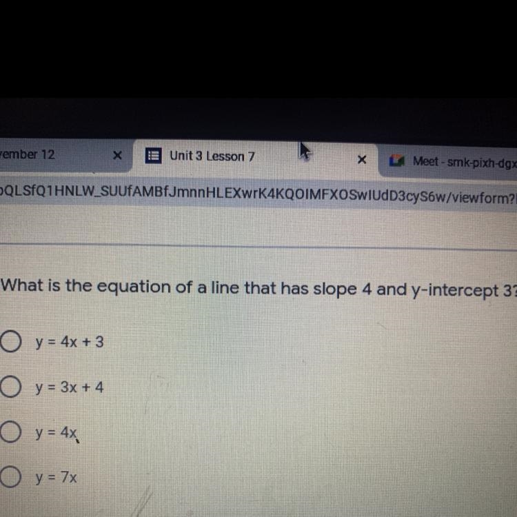 What is the slope for y = 4 + 3x? * Your answer-example-1