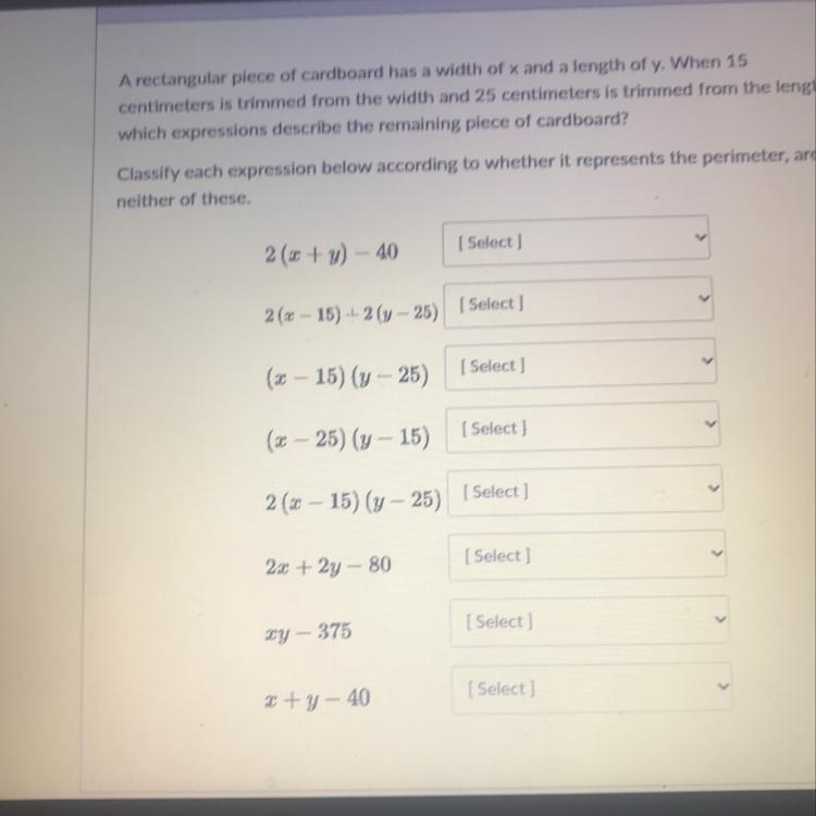 A rectangular piece of cardboard has a width of x and a length of y. When 15 centimeters-example-1