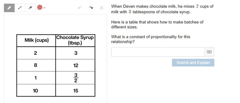 When Deven makes chocolate milk, he mixes 2 cups of milk with 3 tablespoons of chocolate-example-1