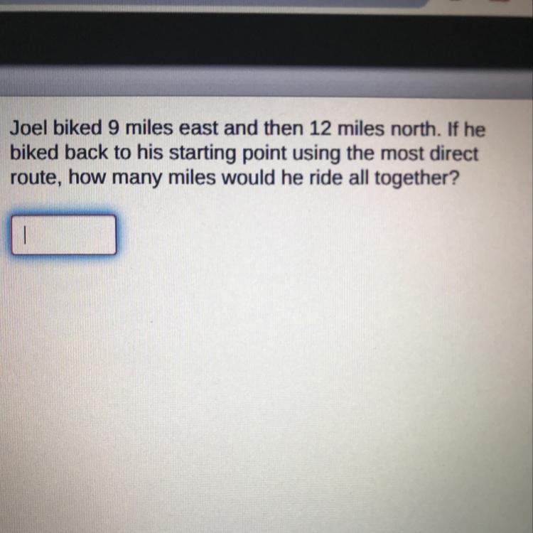 Joel biked 9 miles east and 12 miles north. If he biked back to his starting point-example-1