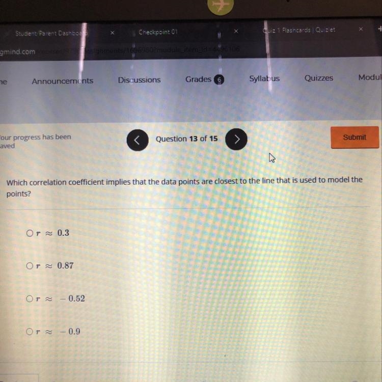 Which correlation coefficient implies that the data points are closest to the line-example-1