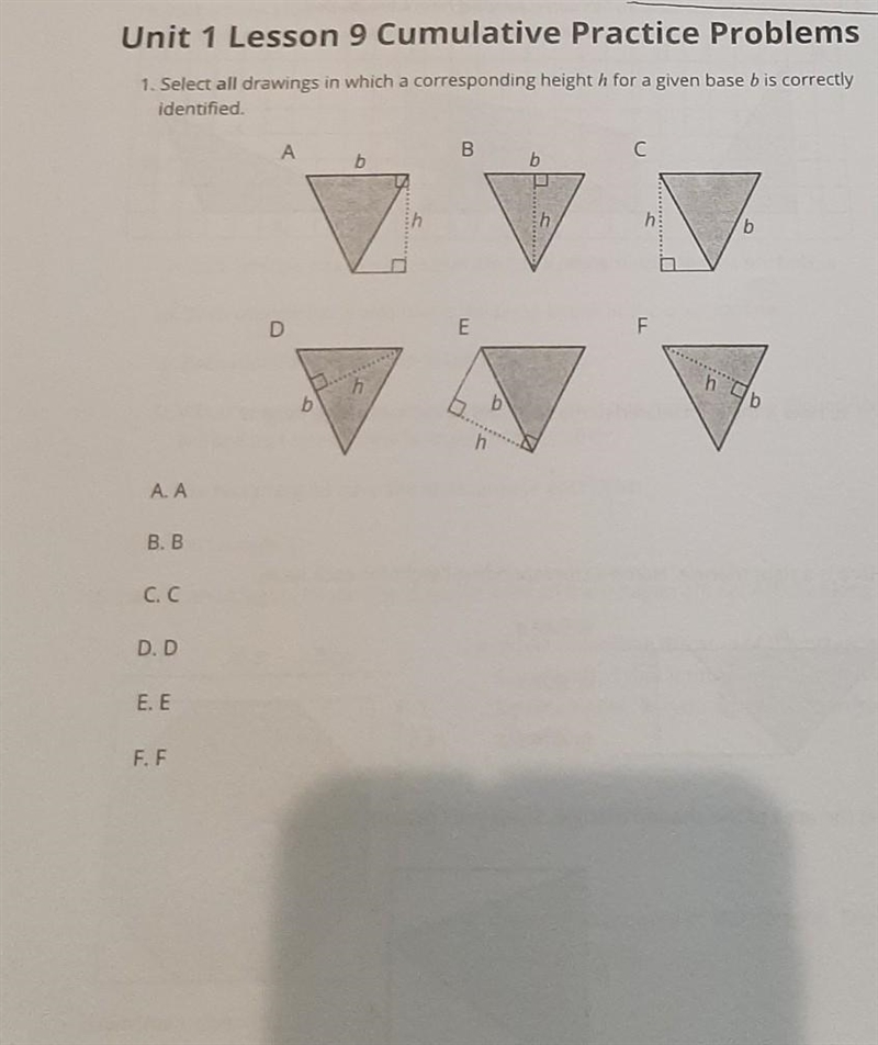 1. Select all drawings in which a corresponding height h for a given base b is correctly-example-1