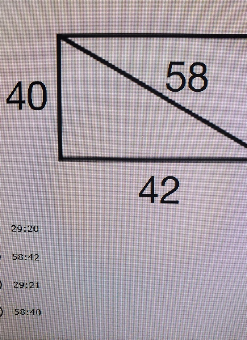 The diagonal of a rectangle is 58" the site is 40" and the base is 42&quot-example-1