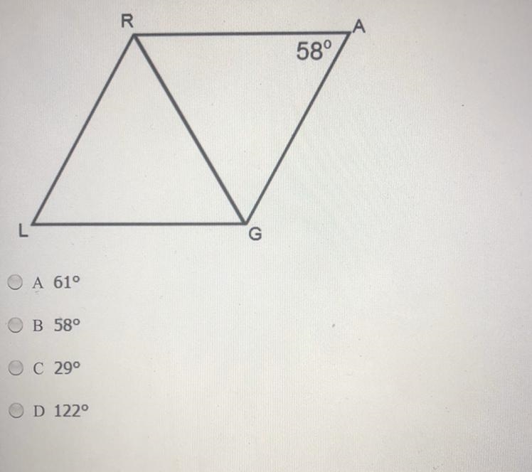 Find the m∠ARG in rhombus RAGL, given that m∠RAG = 58°.-example-1