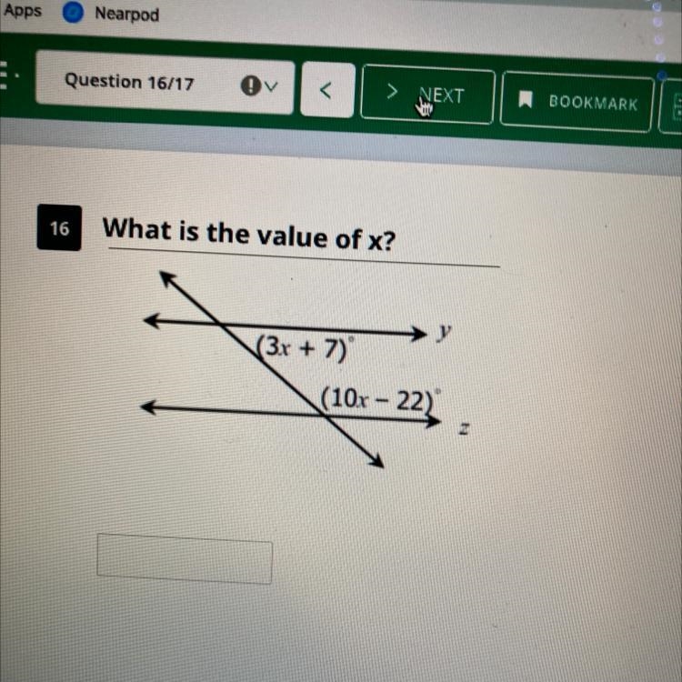 What is the value of x? (3x + 7) (10x - 22)-example-1