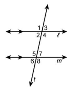 Lines l and m are intersected by transversal t. l ∥ m. If m∠4 = 105, what is m∠5?-example-1