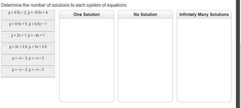 Determine the number of solutions to each system of equations. Please put all of the-example-1