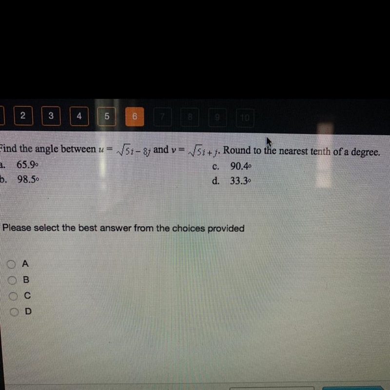 51-8; and v= V5i+j. Round to the nearest tenth of a degree. Find the angle between-example-1