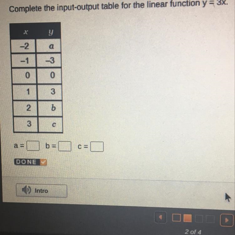 Complete the input-output table for the linear function y = 3x. y -2 a -3 0 0 1 3 2 b-example-1