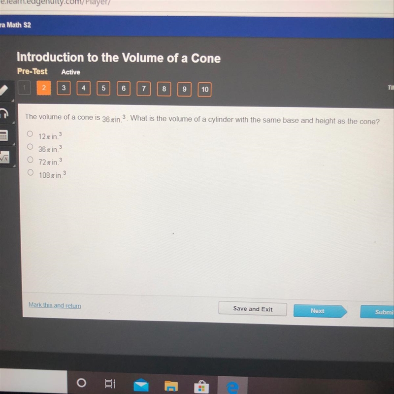 The volume of a cone is 36piin to the power of 3. What is the volume of a cylinder-example-1