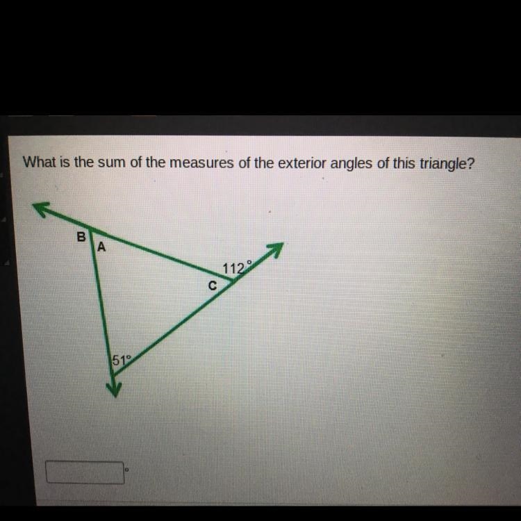 What is the sum of the measures of the exterior angles of this triangle?-example-1