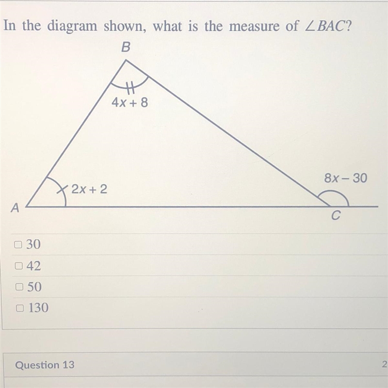 In the diagram shown, what is the measure of angle BAC?-example-1