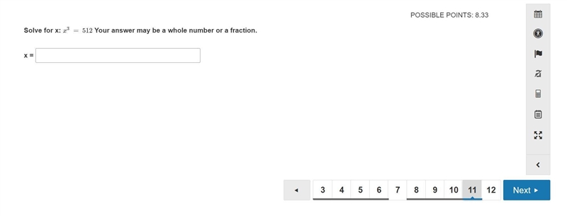 Solve for x: x3 = 512 Your answer may be a whole number or a fraction.-example-1