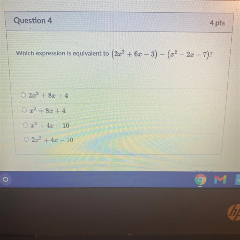 Which expression is equivalent to (2x² + 6x– 3) - (x^2– 2x – 7)?-example-1