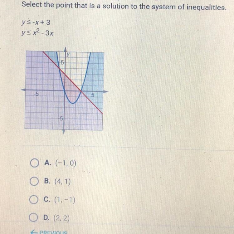 Select the point that is a solution to the system of inequalities. y<-x+ 3 y-example-1