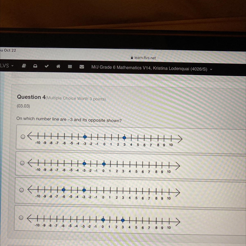 On which number line are -3 and its opposite shown? -10 -9 8 -7 -6 -5 4 3 O 1 2 3 4 5 6 7 8 9 10 -10-9-8-7 -6 -54 3 2.1 0 1 2 3 4 5 6 7 8 9 10 toto-example-1