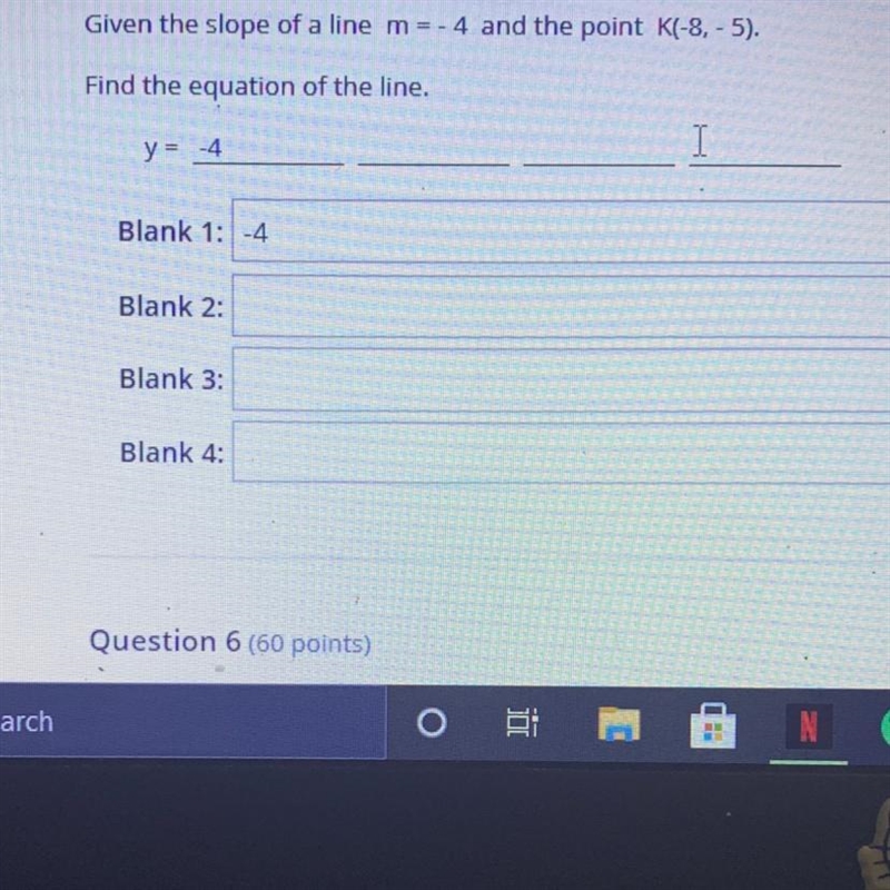 Given the slope of a line m = - 4 and the point K(-8, - 5). Find the equation of the-example-1