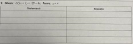 Complete Each Proof Given: -3(2x+7) = -29 - 4x: Prove X=4 STATEMENTS and REASONS Check-example-1