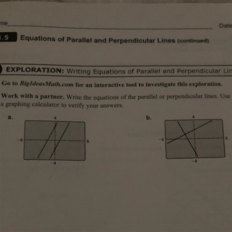 Write the equations of the parallel or perpendicular lines.-example-1