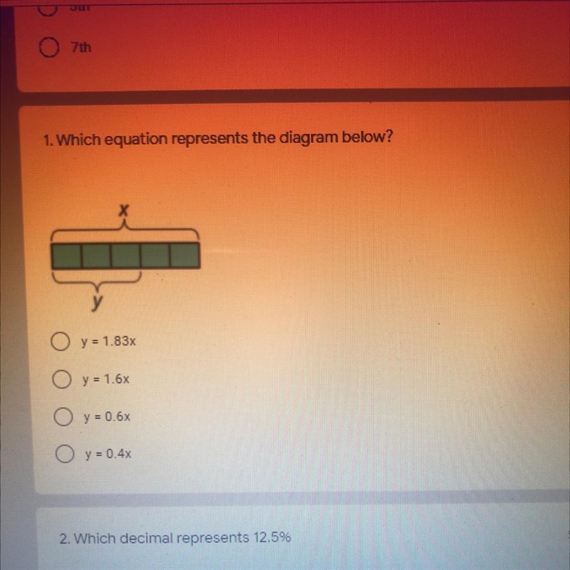 ALL MY POINTS! PLEASE HELP!! PICTURE SHOWN ABOVE! A) y=1.83x B) y=1.6x C) y=0.6x D-example-1