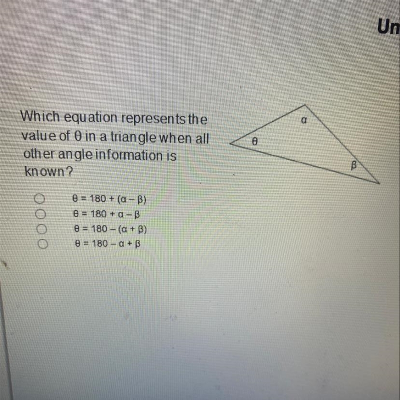 Which equation represents the value of 0 in a triangle when all oth er angle information-example-1