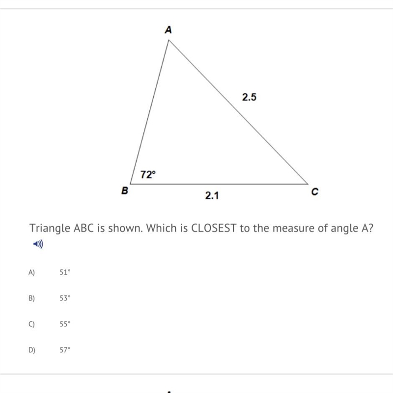 Triangle ABC is shown. Which is CLOSEST to the measure of angle A?-example-1