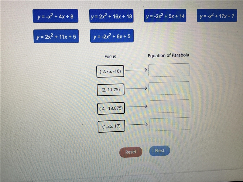 Match the parabolas represented by the equations with their foci.-example-1