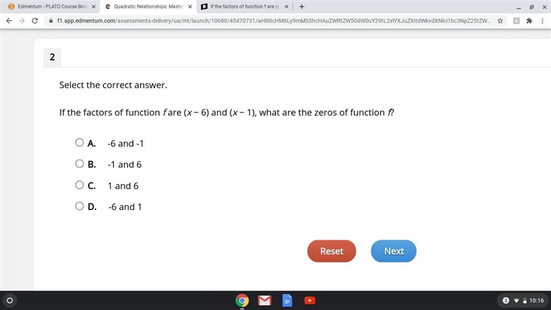 If the factors of function f are (x − 6) and (x − 1), what are the zeros of function-example-1