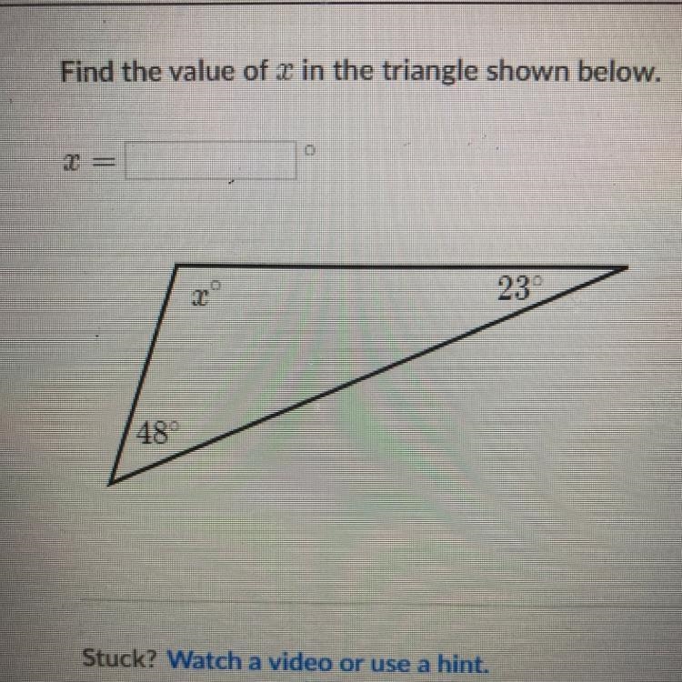 Find the value of x in the triangle shown below. x = ?-example-1