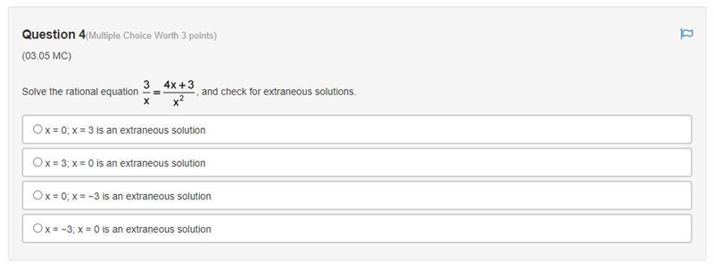 (Multiple Choice, 20 pts) Solve the rational equation 3 divided by x equals quantity-example-1