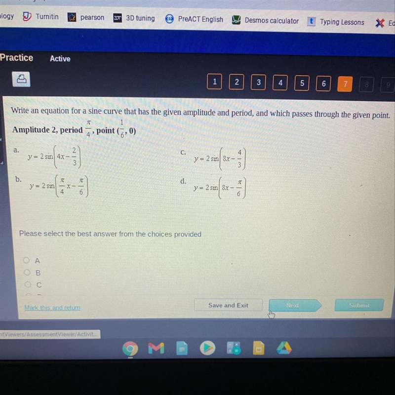 Write an equation for a sine curve that has the given amplitude and period, and which-example-1