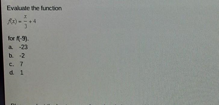 Evaluate the function f(x) = x/3+4 for f(-9). a. -23 b. -2 c. 7 d. 1​-example-1