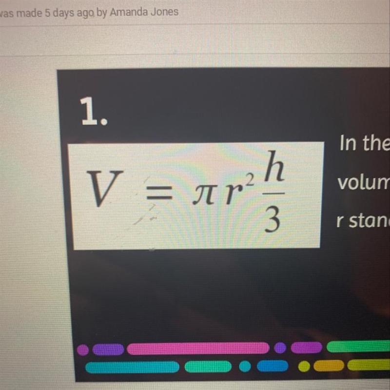 In the formula for the volume of a cone what does r stand for ?-example-1