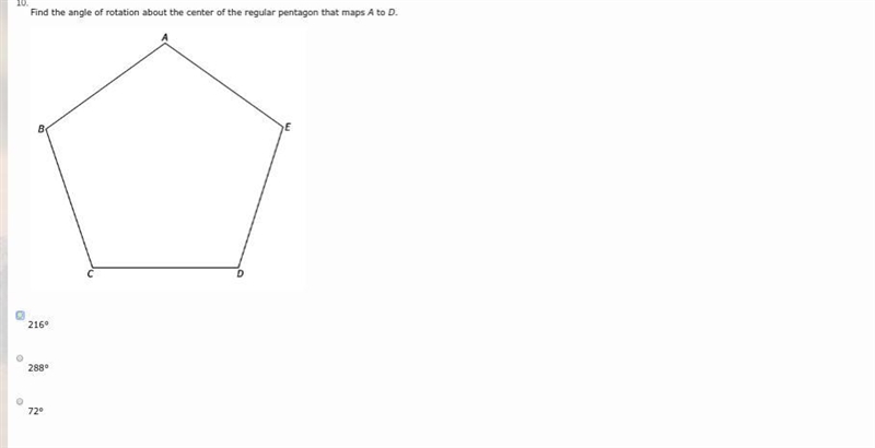 Find the angle of rotation about the center of the regular pentagon that maps A to-example-1