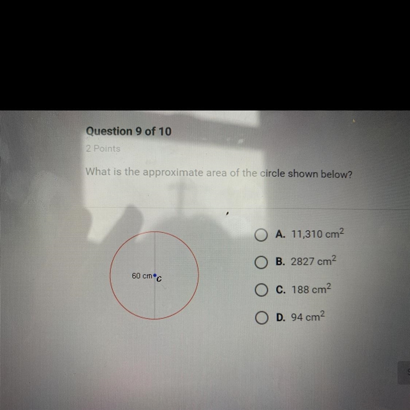 What is the approximate area of a circle show below?-example-1