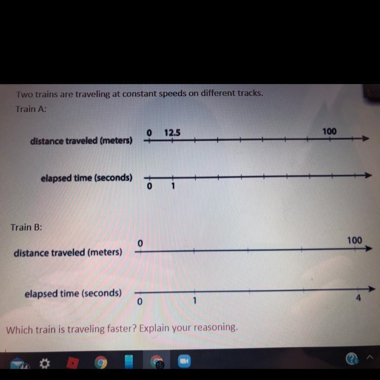 Two trains are traveling at constant speeds on different tracks.-example-1