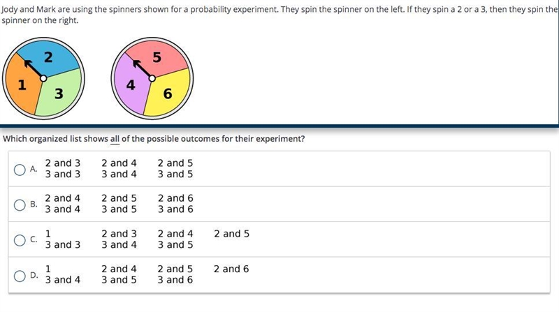 Jody and Mark are using the spinners shown for a probability experiment. They spin-example-1